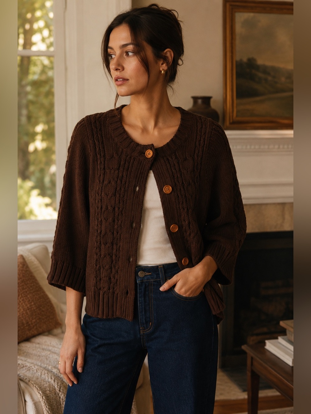 NWT Philosophy by Republic Brown Cable Knit Cardigan Sweater XL 3/4 Sleeve